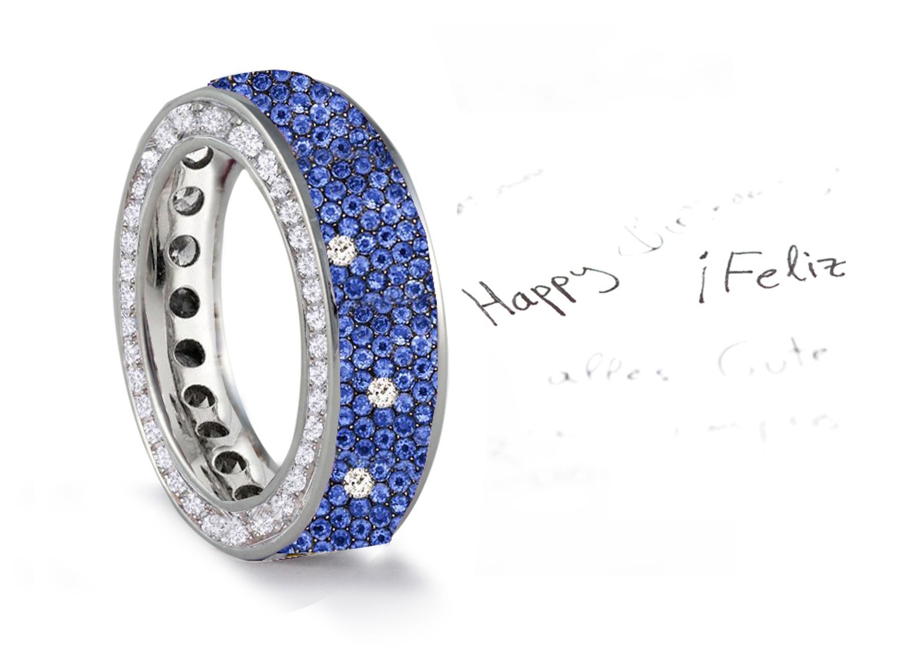 Made to Order French pave Set Brilliant Cut Round Diamonds & Blue Sapphires Eternity Rings & Bands