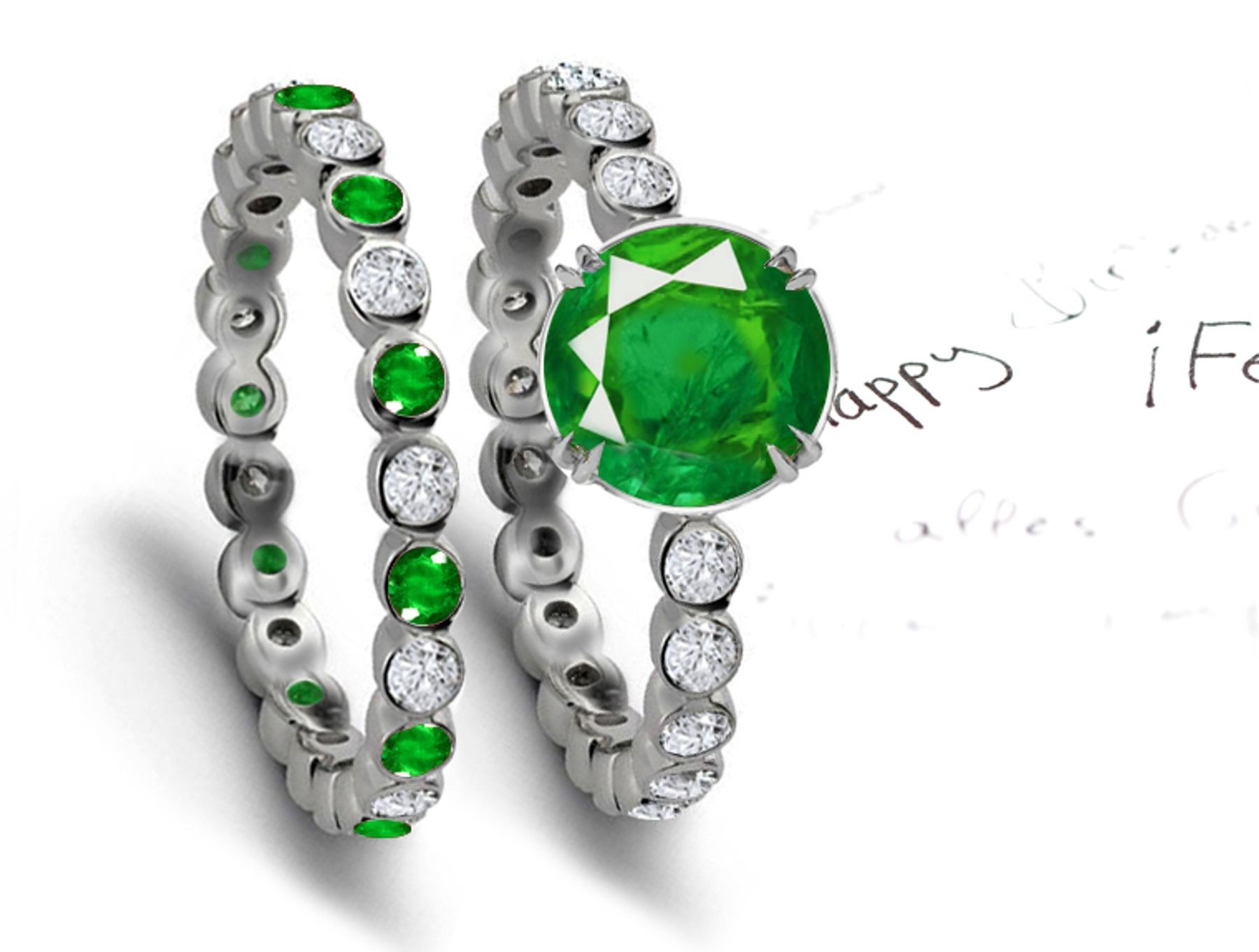 Various Shapes: Winsome Round Emerald Diamond Three-Stone Ring in 14k White Gold & Platinum 2.57 ct