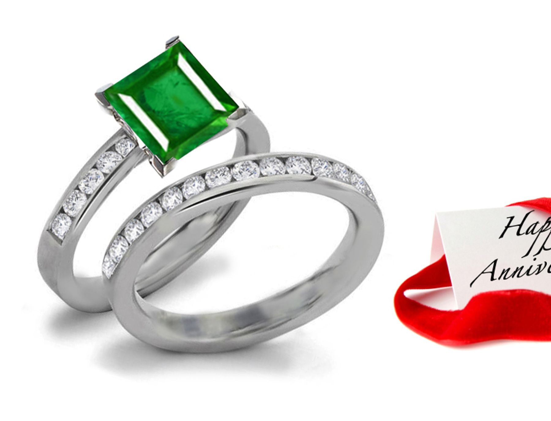 14k Solitaire Gold Princess Cut Emerald & Diamond Ring & Womens Wedding Band
