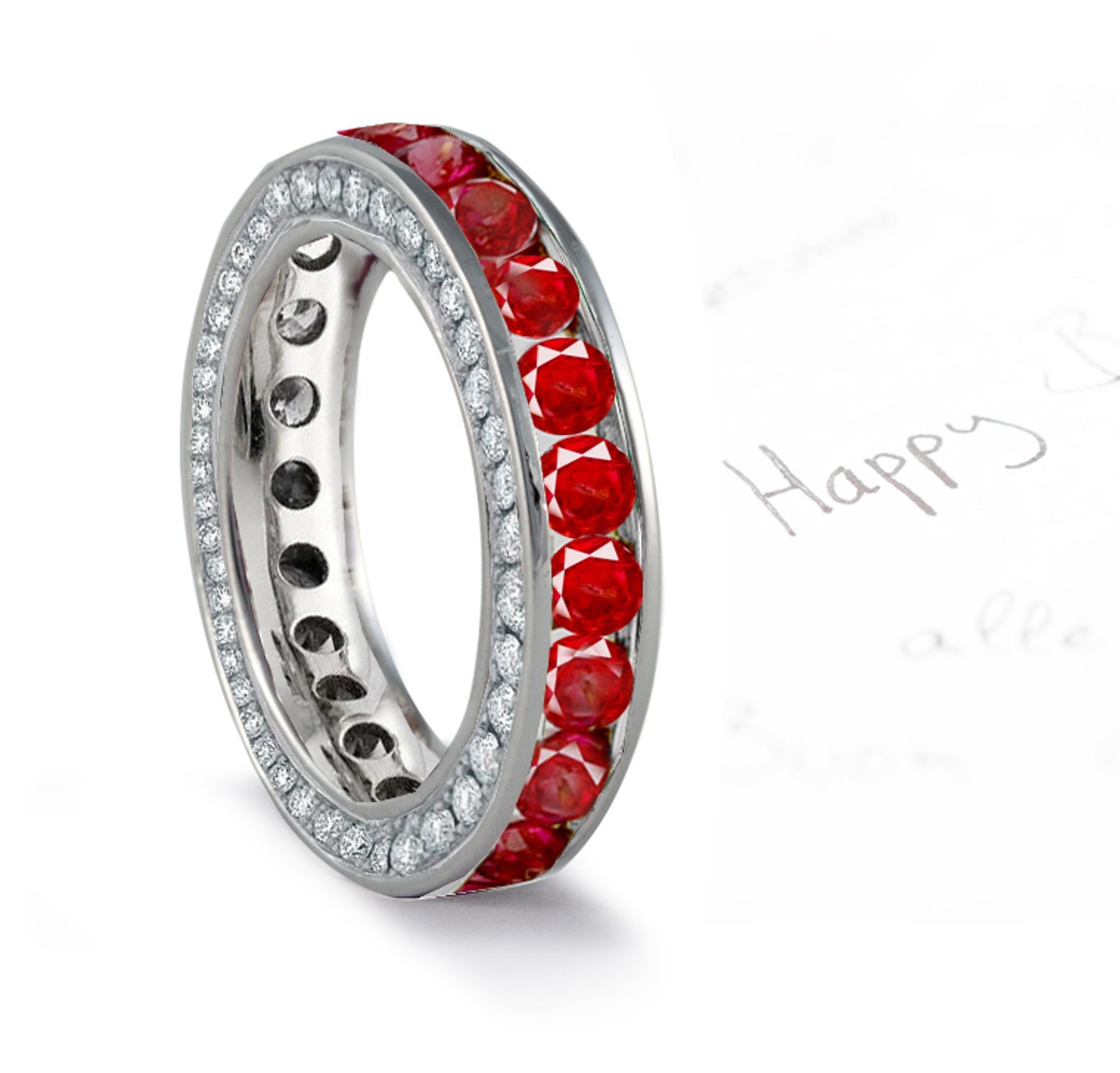 Vivid Red Ruby Wedding Band with Diamond Halo on Sides in 14k Gold