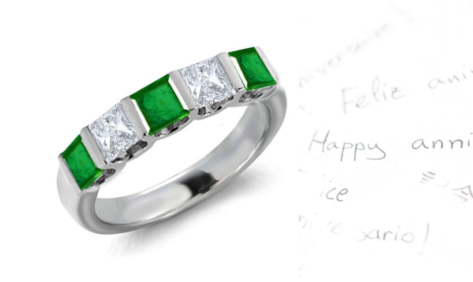 Rich Deep Green: Men 5 Stone Princess Cut Diamond & Square Emerald Ring