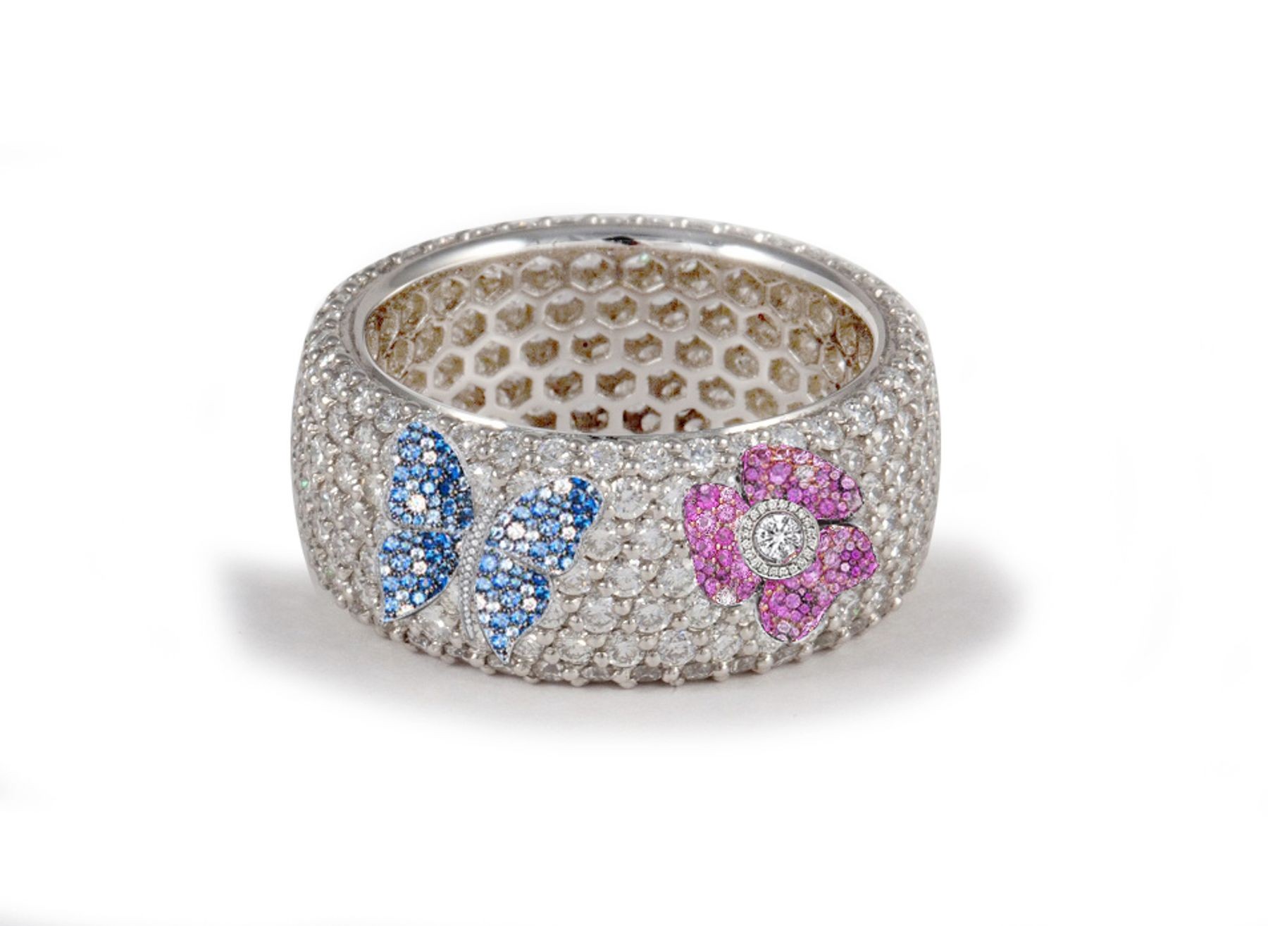 High Quality French pavee Multi-Colored Sapphire & Brilliant-Cut Round Diamond Butterfly & Flower Eternity Rings & Bands