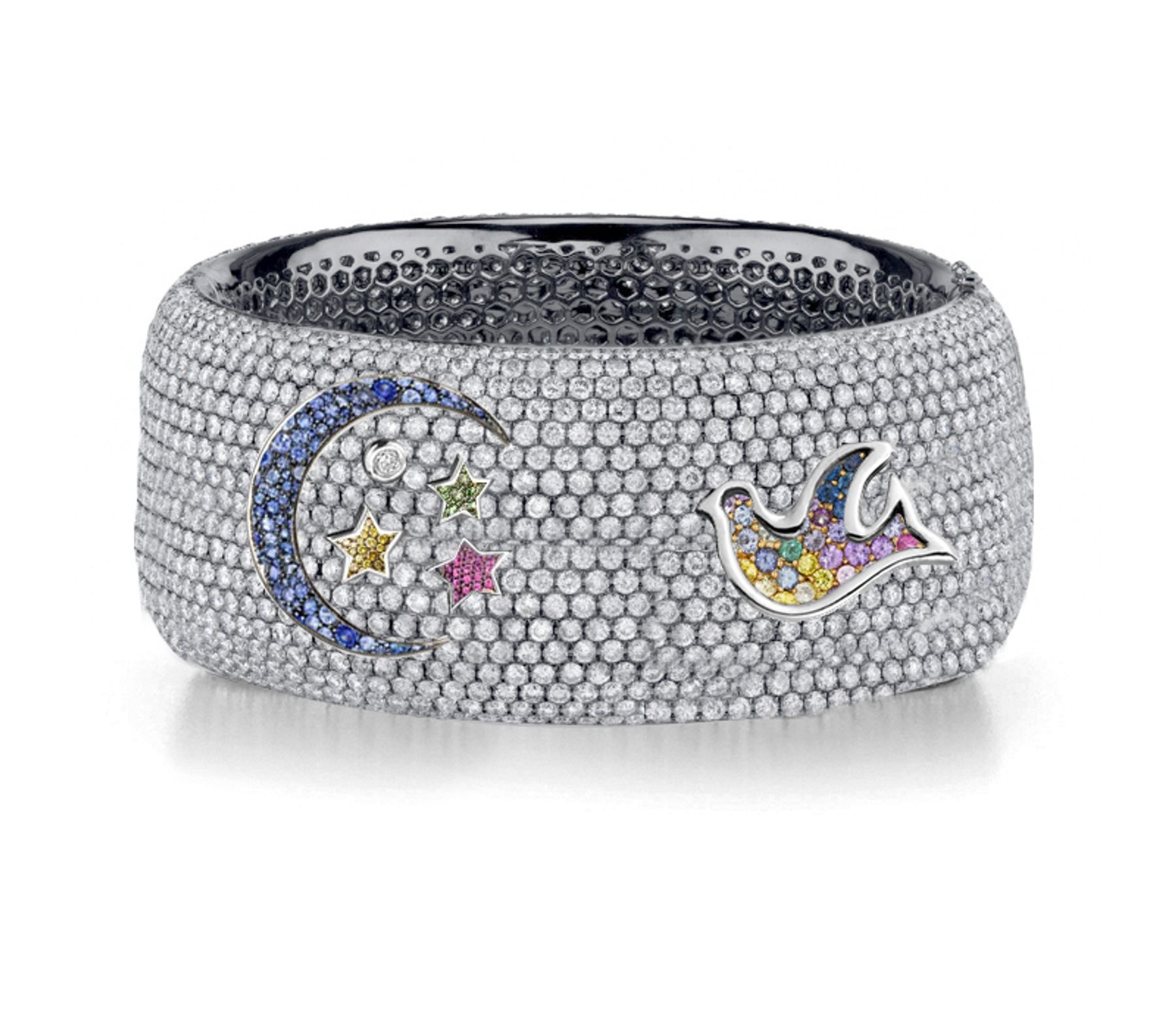 Delicate French pavee Sparkling Brilliant-Cut Round Diamonds & Vivid Multi-Colored Precious Stones Eternity Rings & Bands Featuring Bird, Moon & Stars