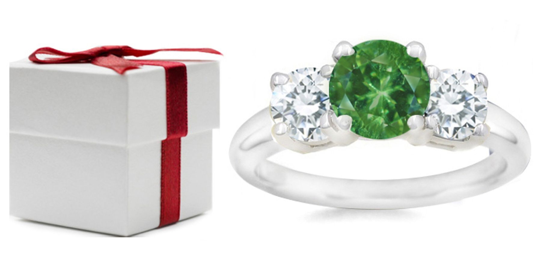 Round Green Sapphire Three Stone Ring with Round Diamonds in 14k White Gold (7x5 mm, 5x3 mm)