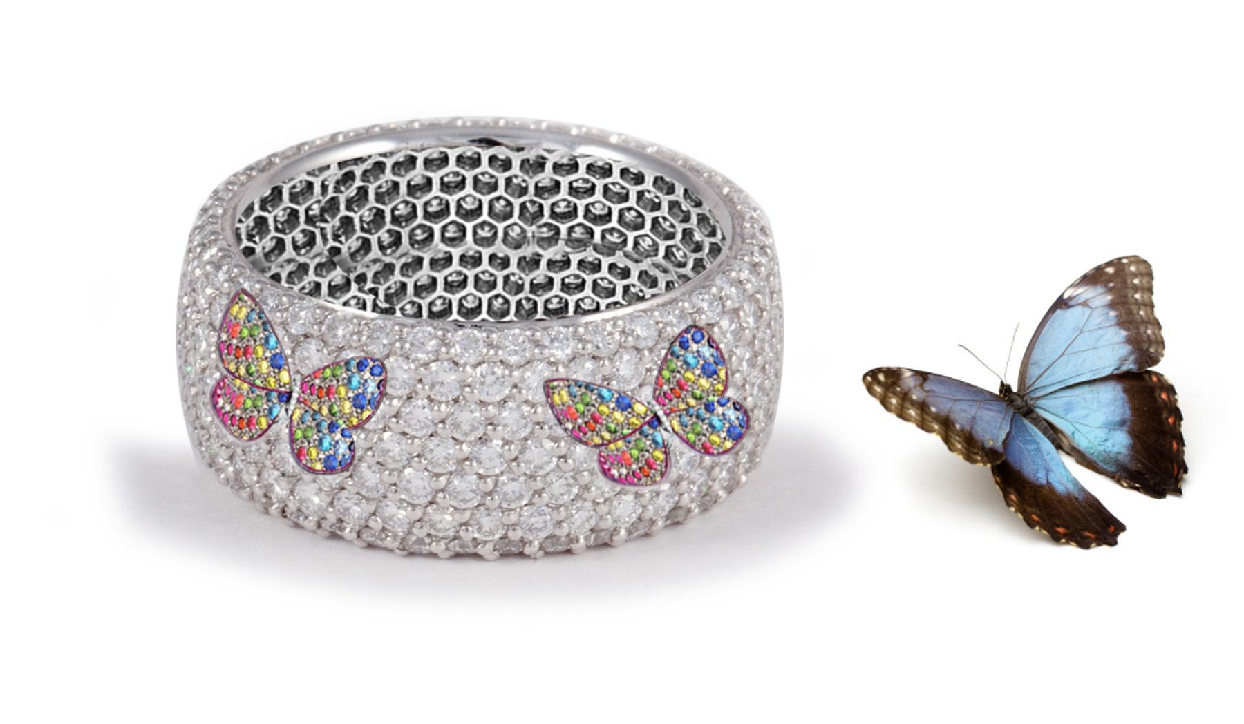 Butterfly Collection: Women's Halo Micro pave Precision Set Rainbow Sapphire & Diamond Eternity Rings Available in Gold or Platinum for Wedding or Anniversary