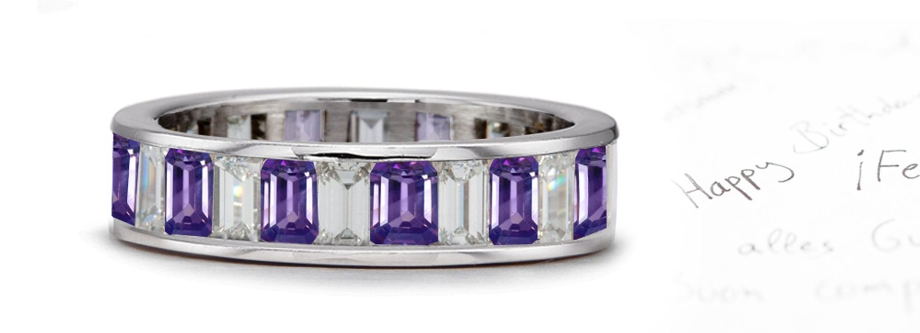 Channel Emerald Cut Diamond & Purple Sapphire Emerald Cut Eternity Band in Platinum & Rose Gold Size 3 to 8