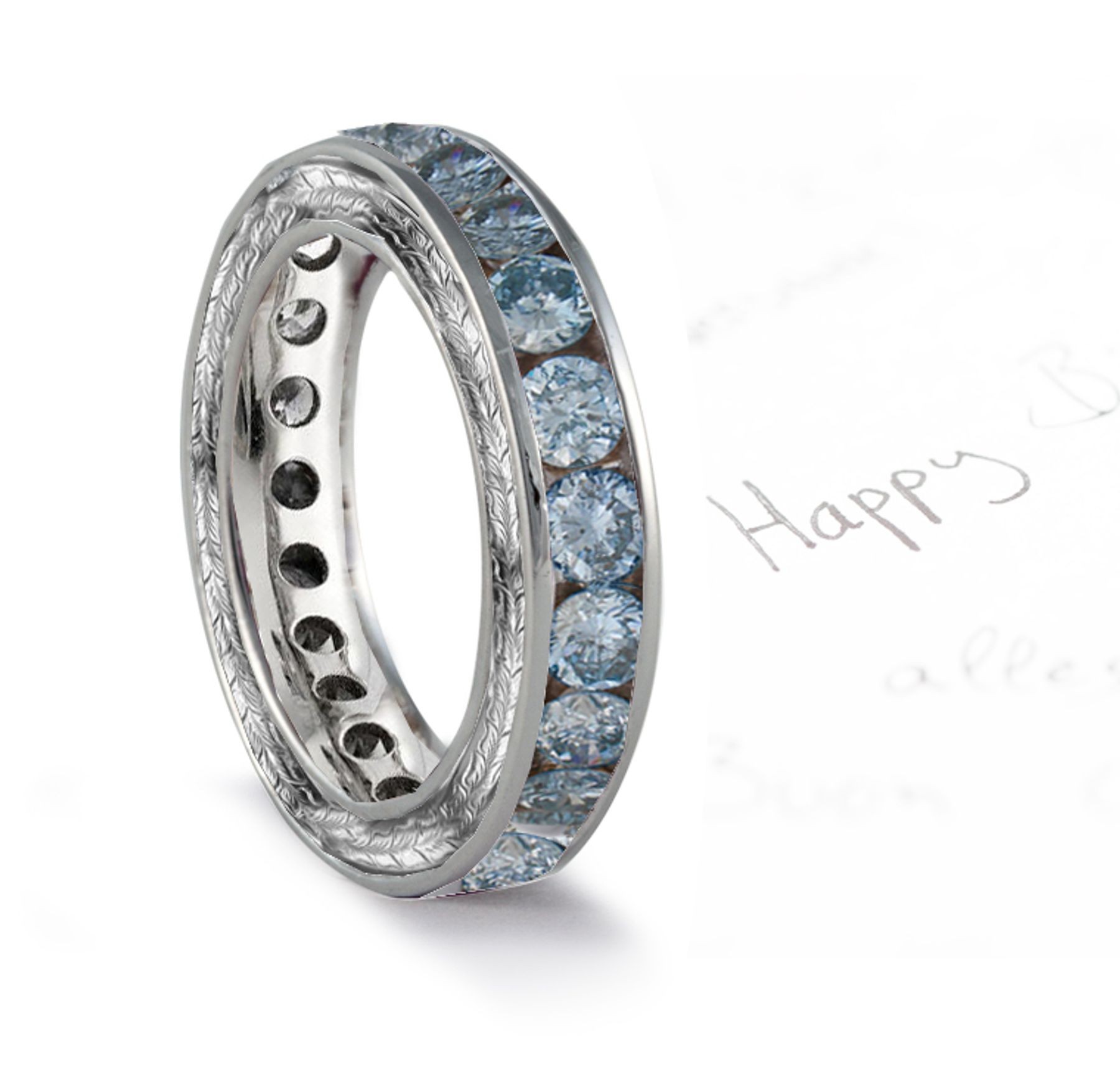 Blue Diamond Engraved Wedding Bands