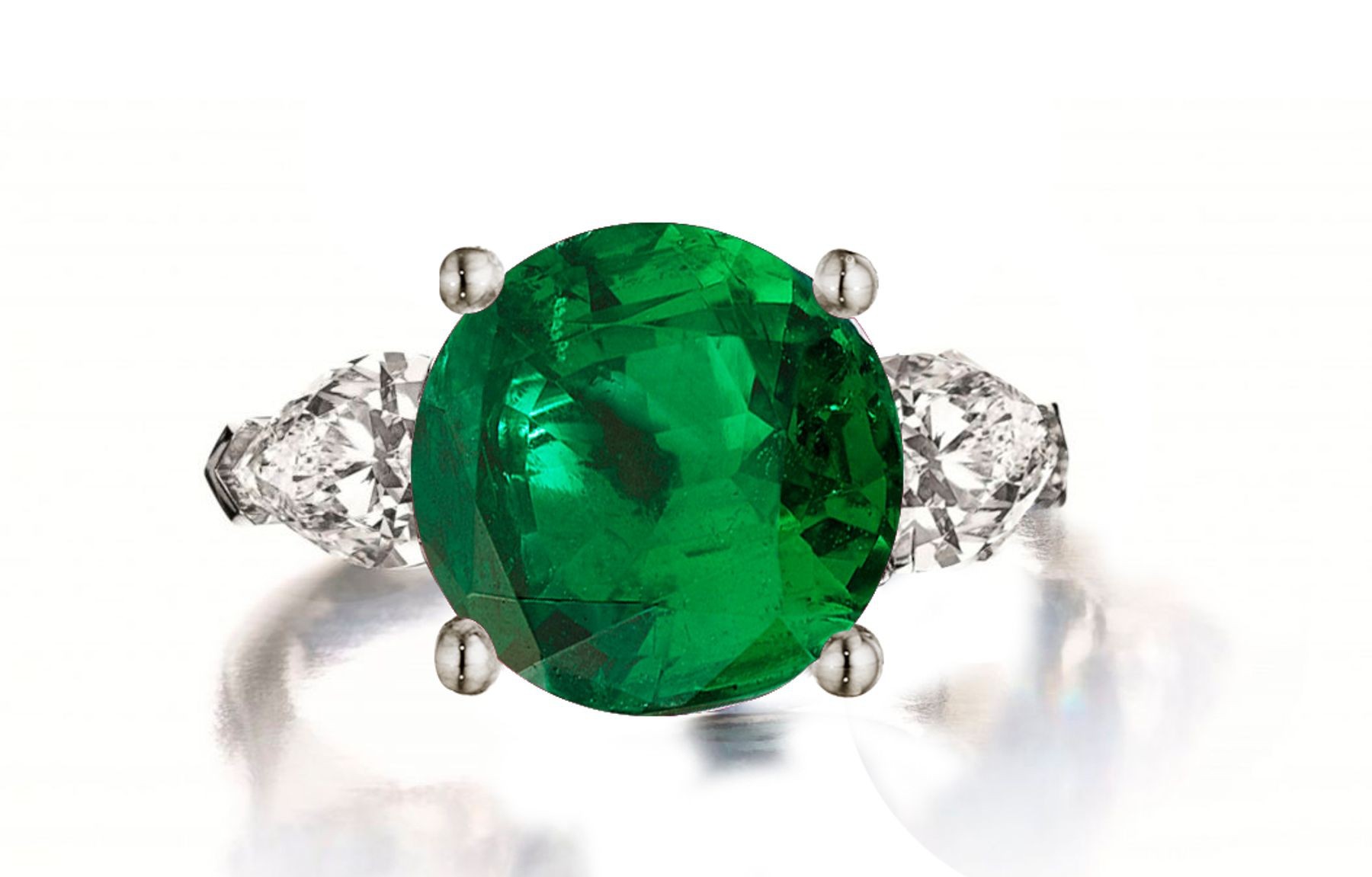 Three Stone Round Emerald & Pear-Shaped Diamonds Ring