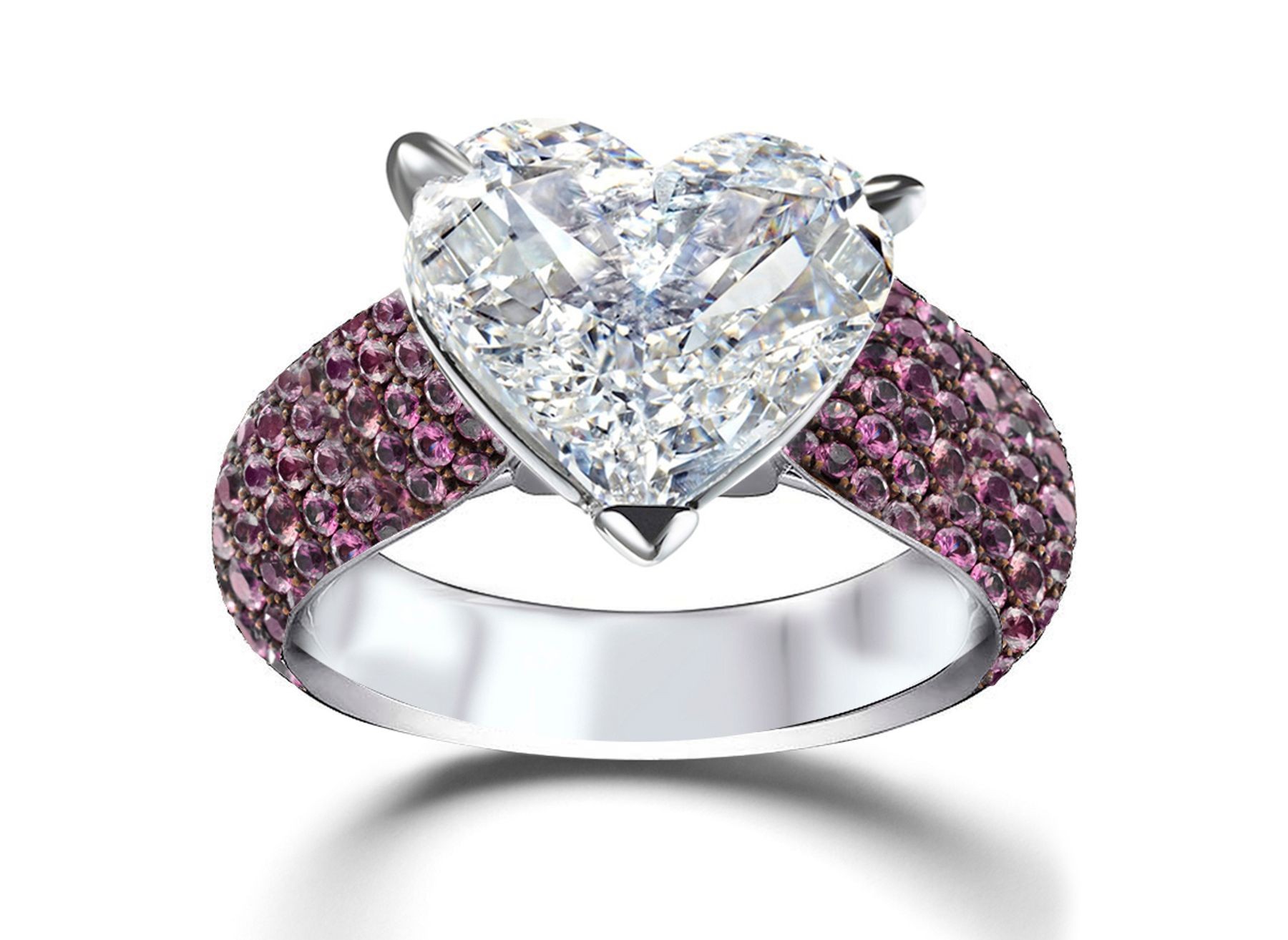 Heart Diamond & Purple Sapphire Micropave Set Engagement and Right Hand Rings