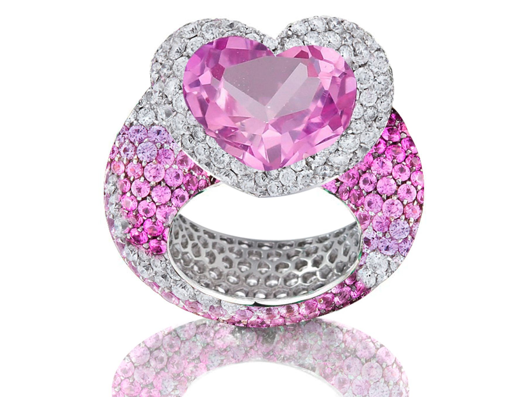 Delicate Micro Pave Round Brilliant Cut & Heart Pink Sapphires & Diamonds Halo Ring