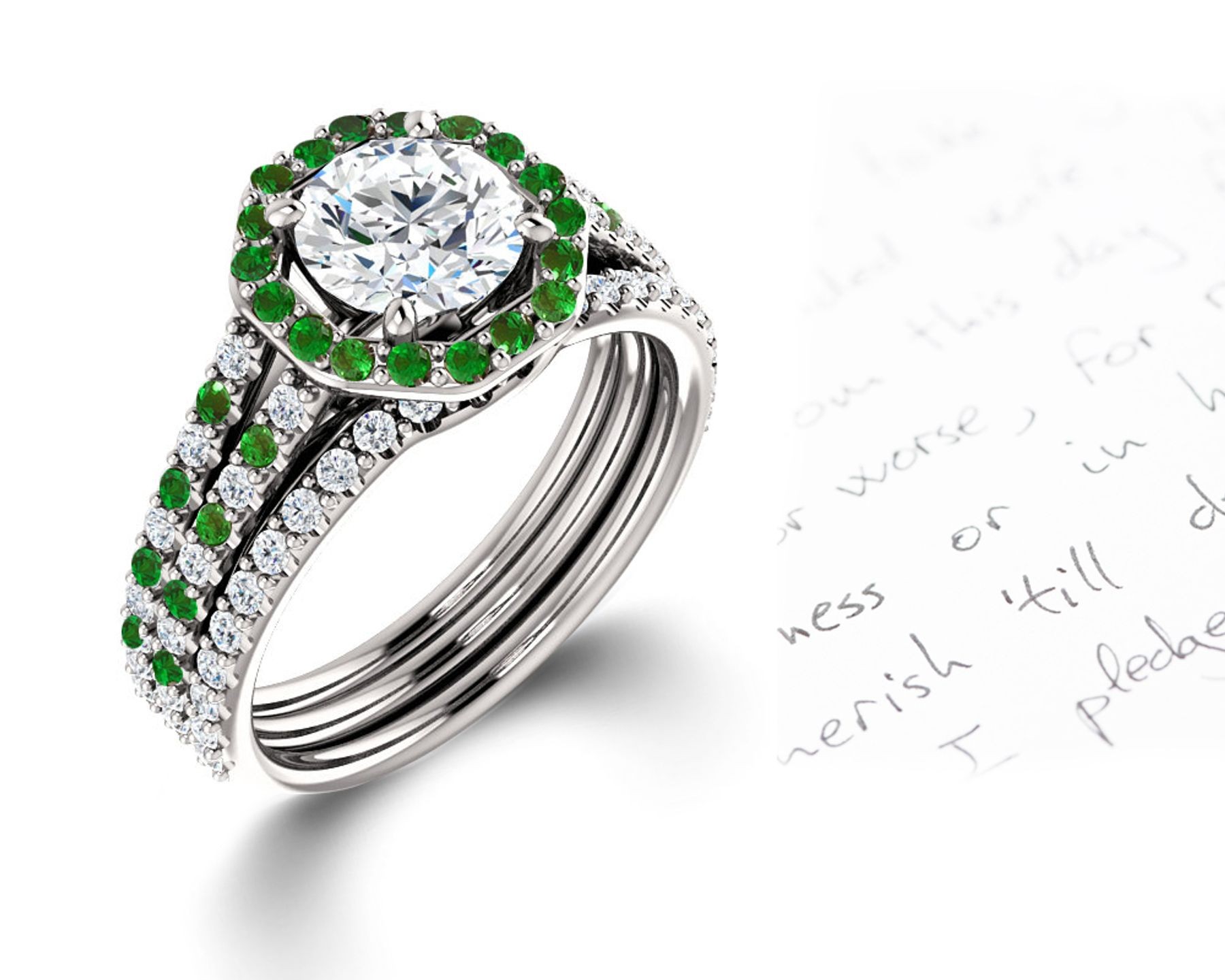 Latest Collection: Delicate Halo Micropave Side Accents Green Emeralds & Diamonds Engagement Rings