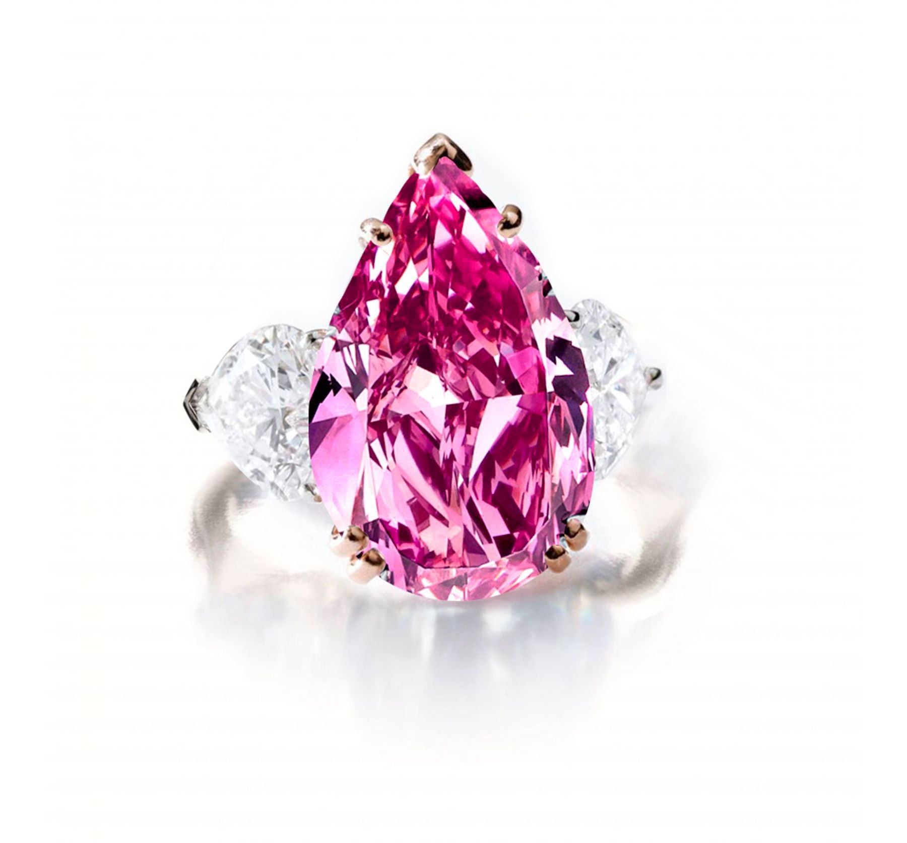 Custom Manufactured Three Stone Pear-Shaped Pink Sapphire & Side Heart Diamonds Ring