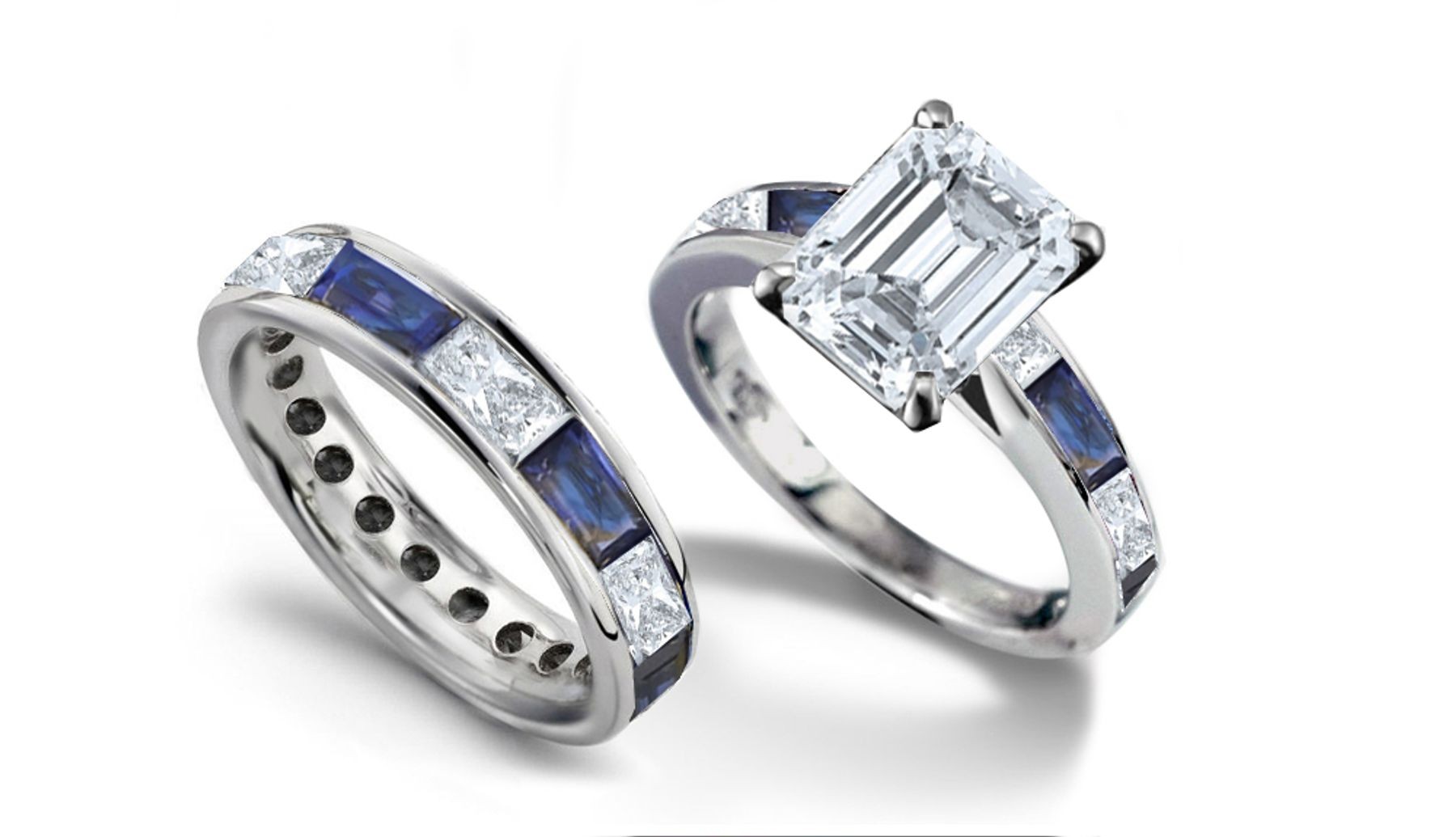 Emerald Cut Diamond & Baguette Sapphire Ring and Matching Wedding Band