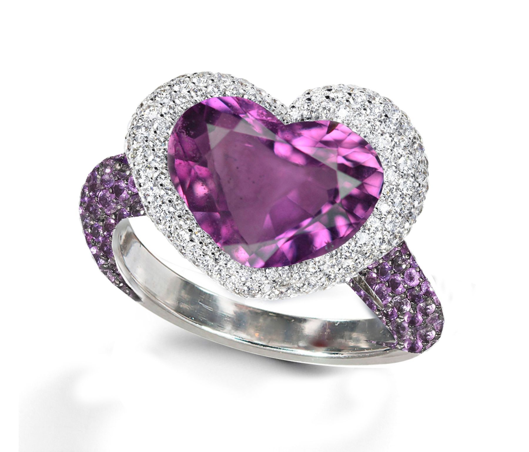 Ring with Heart Purple Sapphire & Pave Set Purple Sapphires & White Diamonds in Gold or Platinum