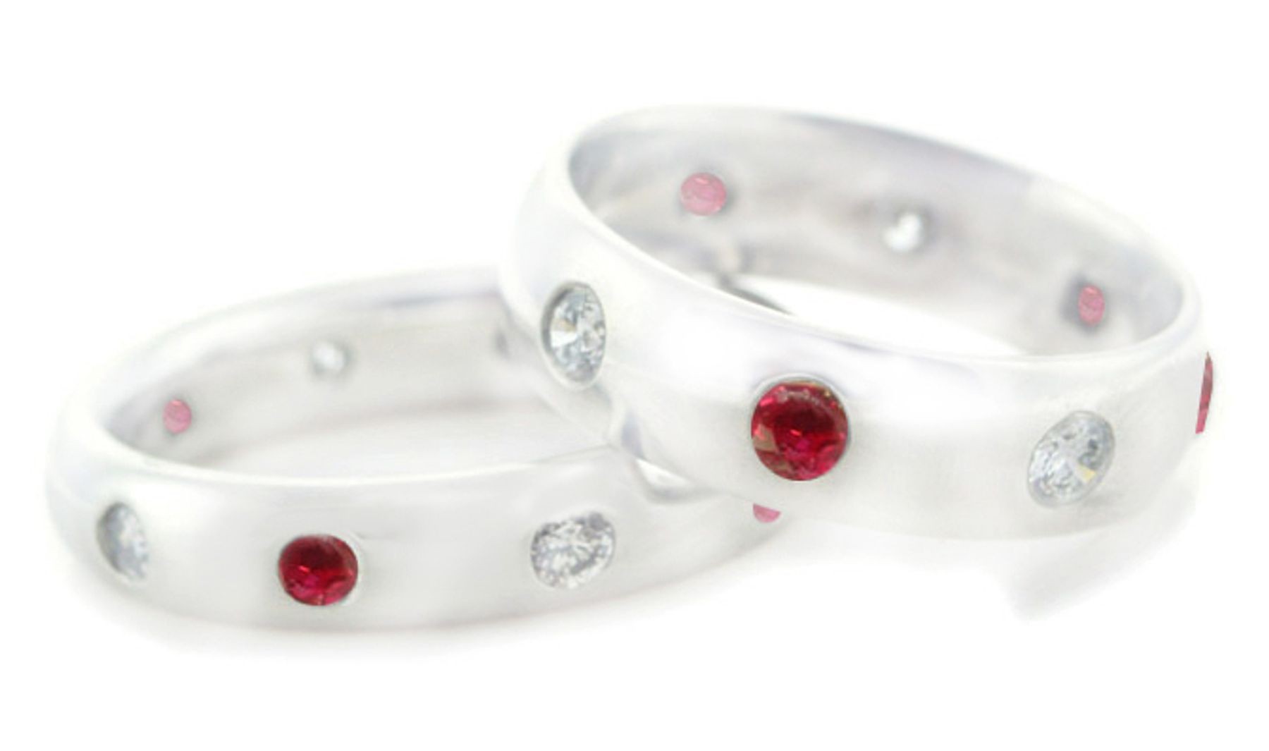 Eternity Ring: Platinum burnish set round rubies and diamonds eternity band