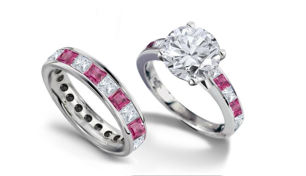 Round Diamond & Princess Cut Pink Sapphire & Diamond Engagement Ring & Wedding Wedding Band in 2 to 2.5 cts