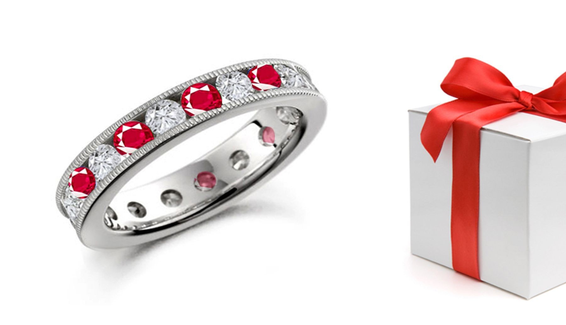 Versatile: Milgrain Edge Channel Set Ruby & Diamond Wedding Ring in Size 3 to 8 in Platinum