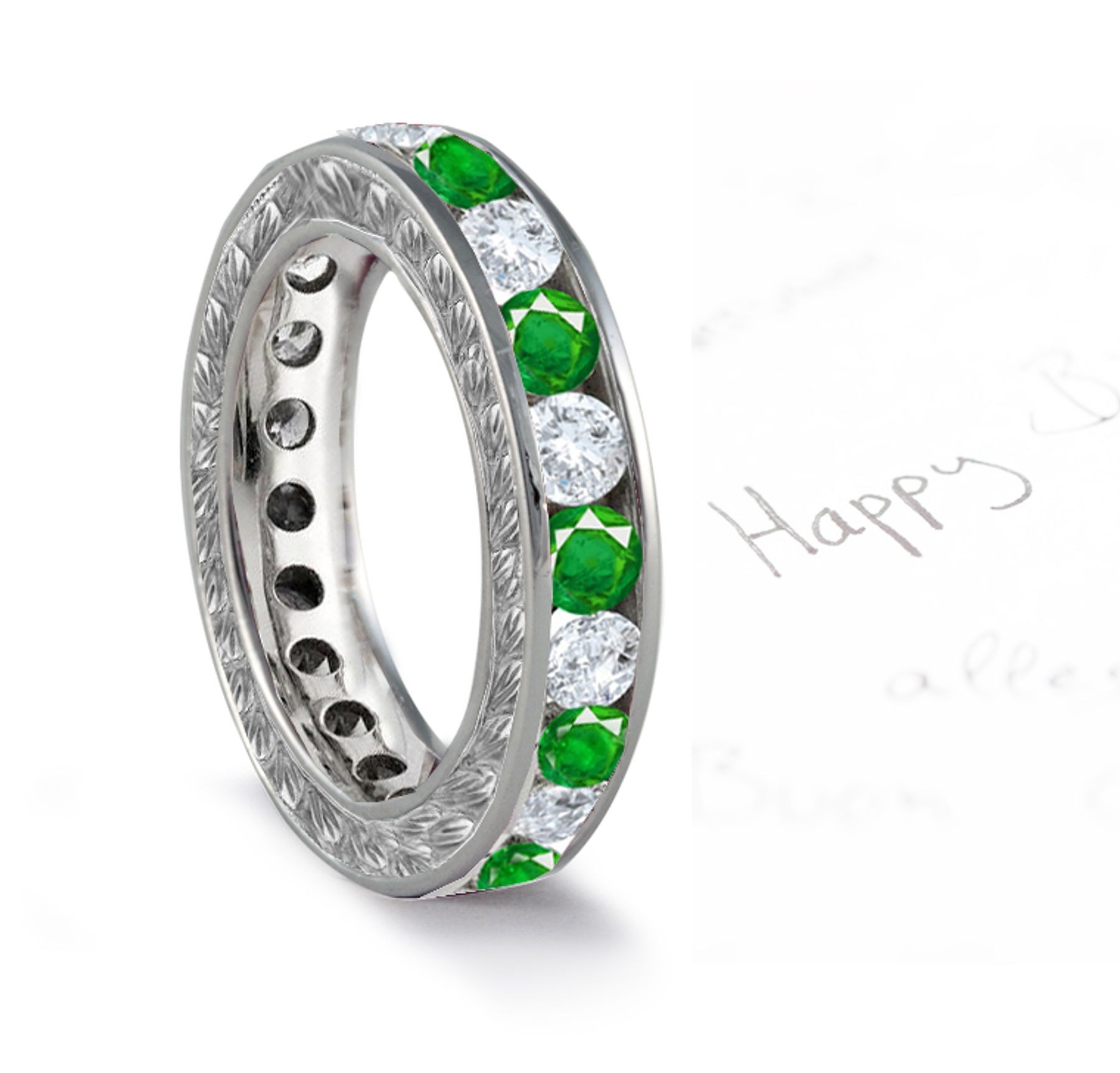 Emerald & Diamond Band with Floral Scrolls & Motifs in Platinum & Gold