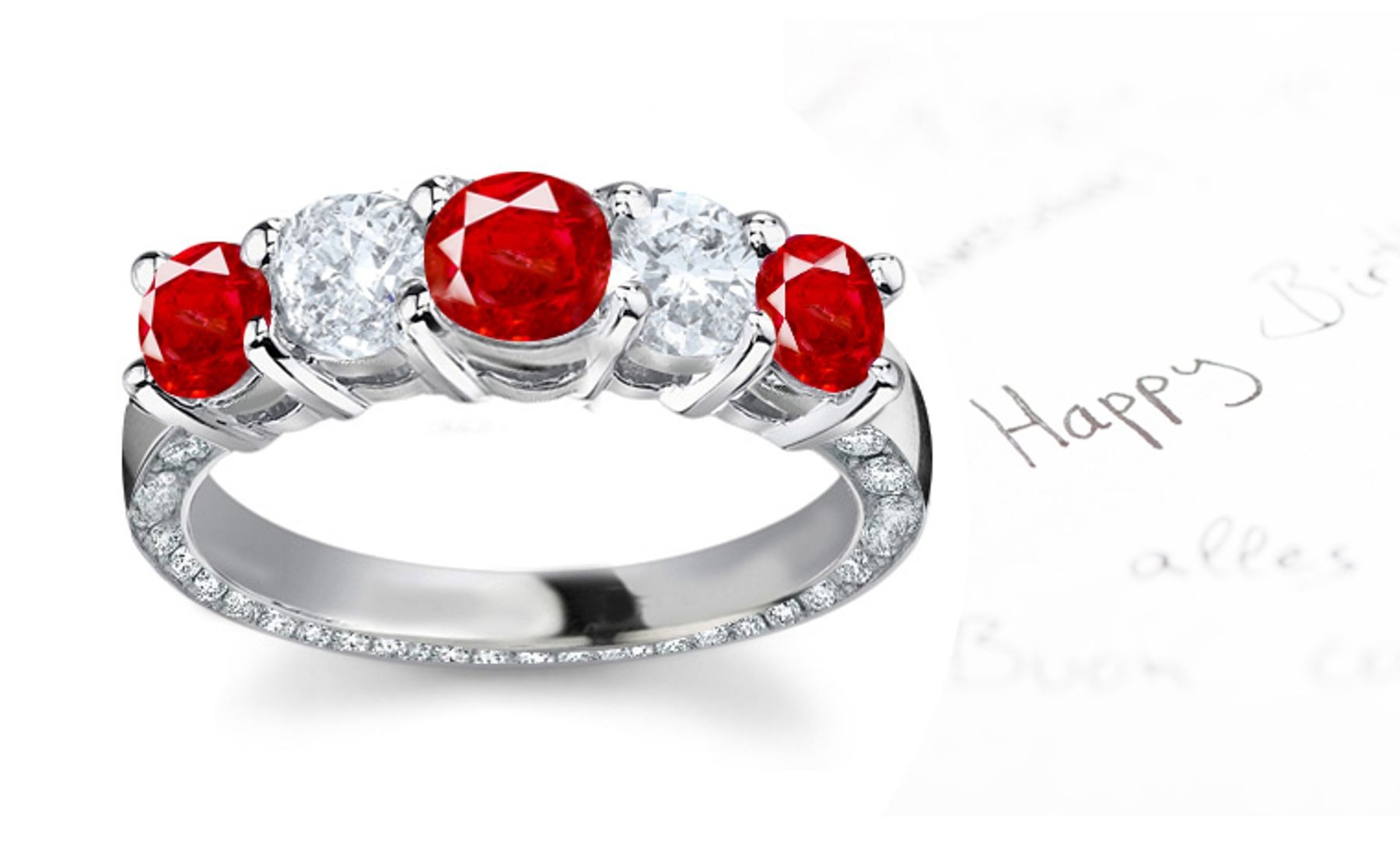 Refine & Illuminating 5 Stone Diamond & Ruby Ring & Sprinkled Diamonds