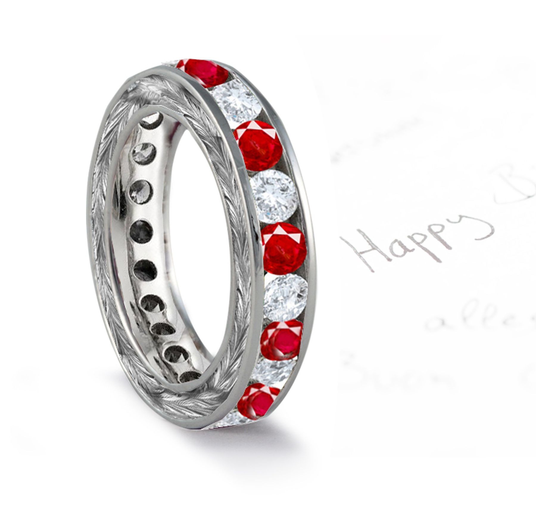 Ruby & Diamond Wedding Band with Scrolls Motifs on Sides in 14k Gold