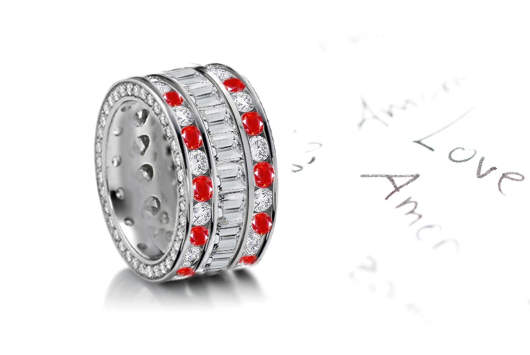Circle of Radiance: Three Sparkling Rows of Ruby & Diamond Eternity Bands in Platinum 950 Size 3 to 6