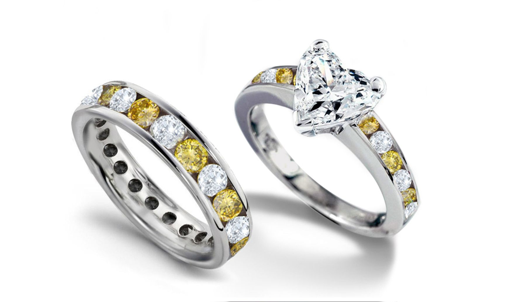 White & Yellow Diamond Eternity Wedding Band & Matching Engagement Ring with Heart Diamond atop Yellow Diamond Band