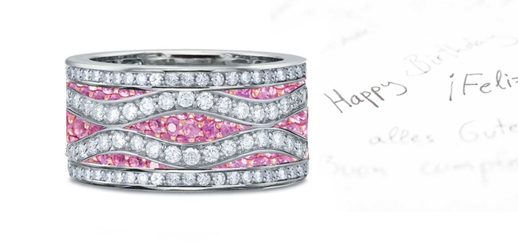 Micropavee Pink Sapphire Diamond Eternity Double Wave Platinum Band