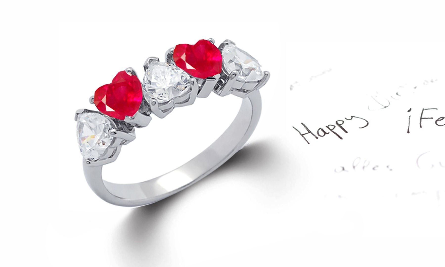 Heart Shaped Red Ruby & Diamond Half Eternity Rings in Gold or Platinum