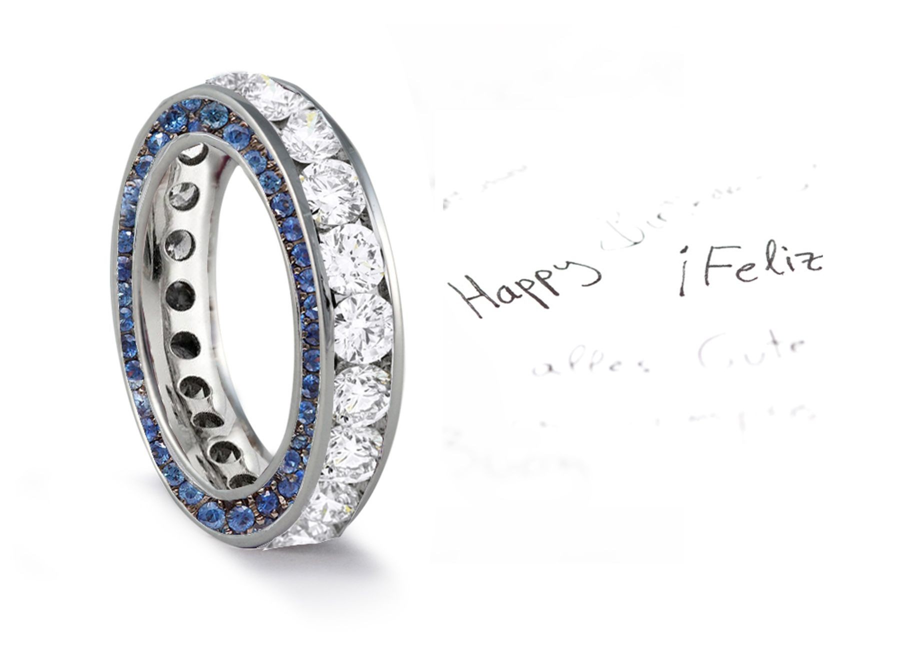 Micro pave Halo Brilliant Round-Cut Blue Sapphire & Diamond Eternity Rings