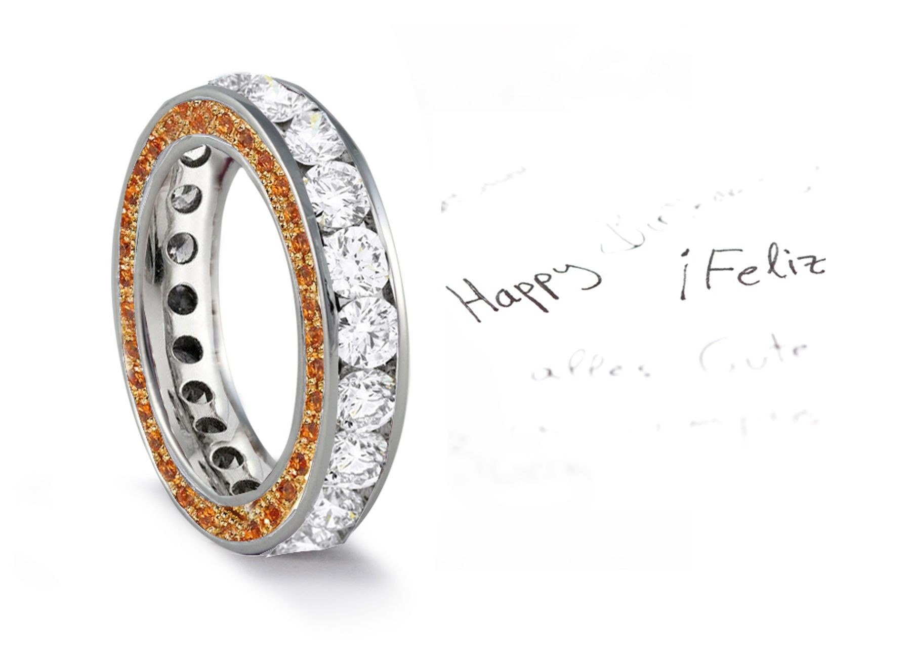 Micro pave Halo Brilliant Round Diamond & Vivid Yellow Sapphire Eternity Rings