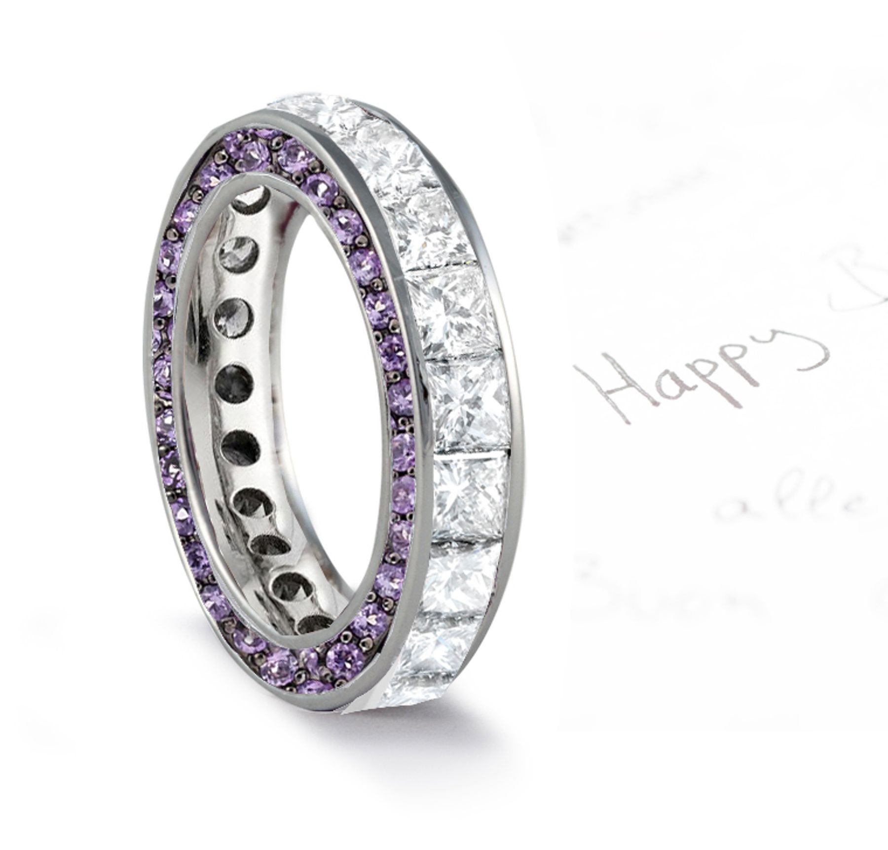 Micro pave Halo Round & Princess Cut Diamond & Purple Sapphire Eternity Rings