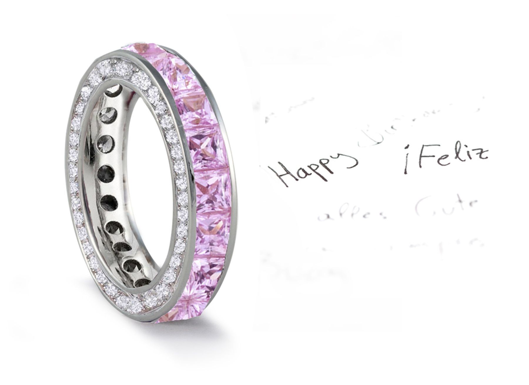 Micro pave Halo Brilliant Cut Round Diamond & Pink Sapphire Eternity Rings