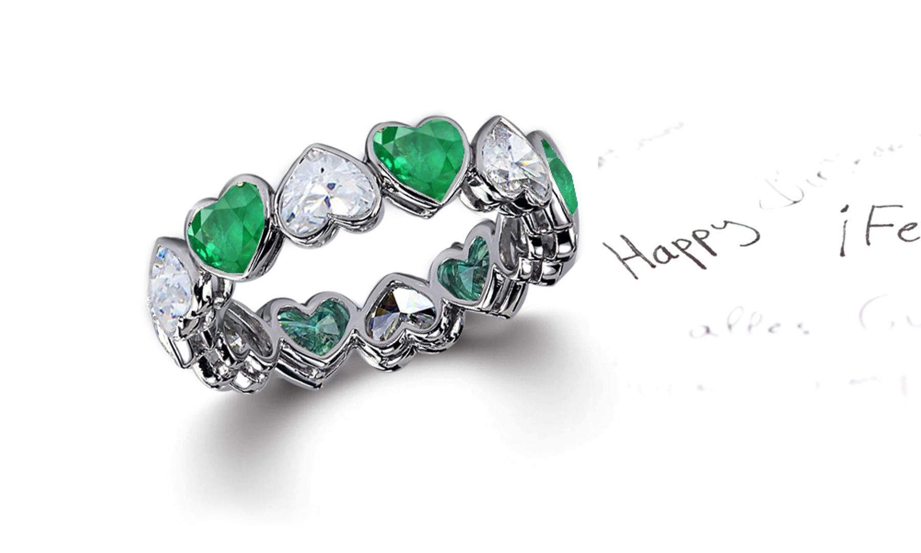 Delicate Heart Shaped Diamond Bezel Set Green Emerald & Diamond Eternity Rings