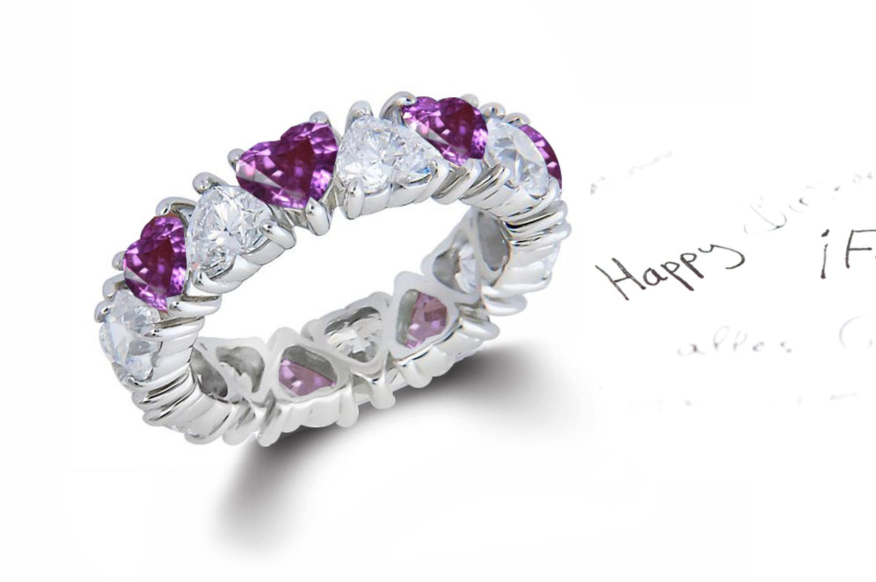 Heart Shaped Diamond Prong Set Diamond & Red Ruby Sapphire Eternity Rings in Gold