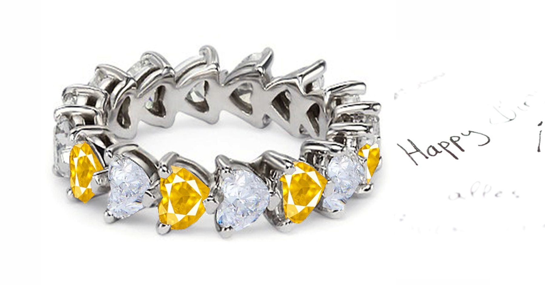 Heart Shaped Diamond Prong Set Diamond & Yellow Sapphire Eternity Rings in Gold