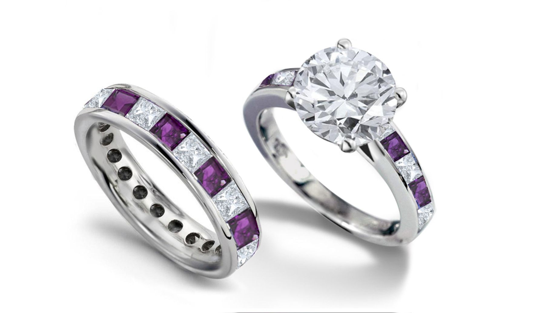 Round Diamond & Princess Cut Purple Sapphire Diamond Engagement Ring & Wedding Wedding Band in 2 to 2.5 cts