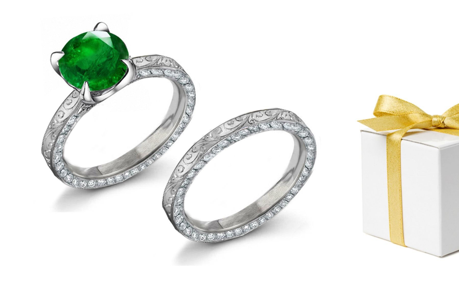 Solitaire Emerald & Diamond Scrolls & Motifs Ornamented Ring & Halo Band