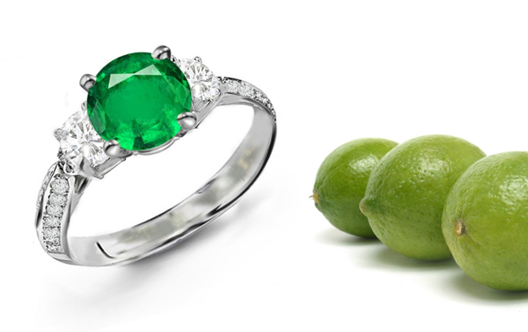 Intelligent Designs: This Complete Three Stone Ladies Diamond Hoop Ring Features Brilliant Round Diamonds & Cut Emeralds