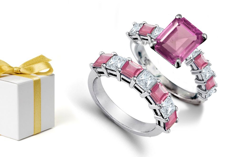 The Shining Light: 14K Yellow Gold Octagon Diamond & Sapphire Gemstone Bridal Set