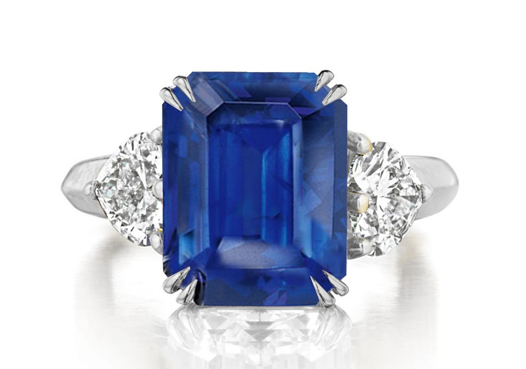 Premium Quality Unique Heart Shaped Diamonds & Blue Sapphire Emerald Cut Three Stone Rings