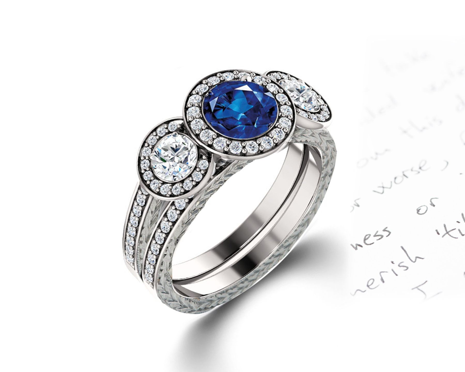 Delicate Micro Pave Halo Vivid Blue Sapphires & Brilliant-Cut Round Diamonds Designer Engagement Rings