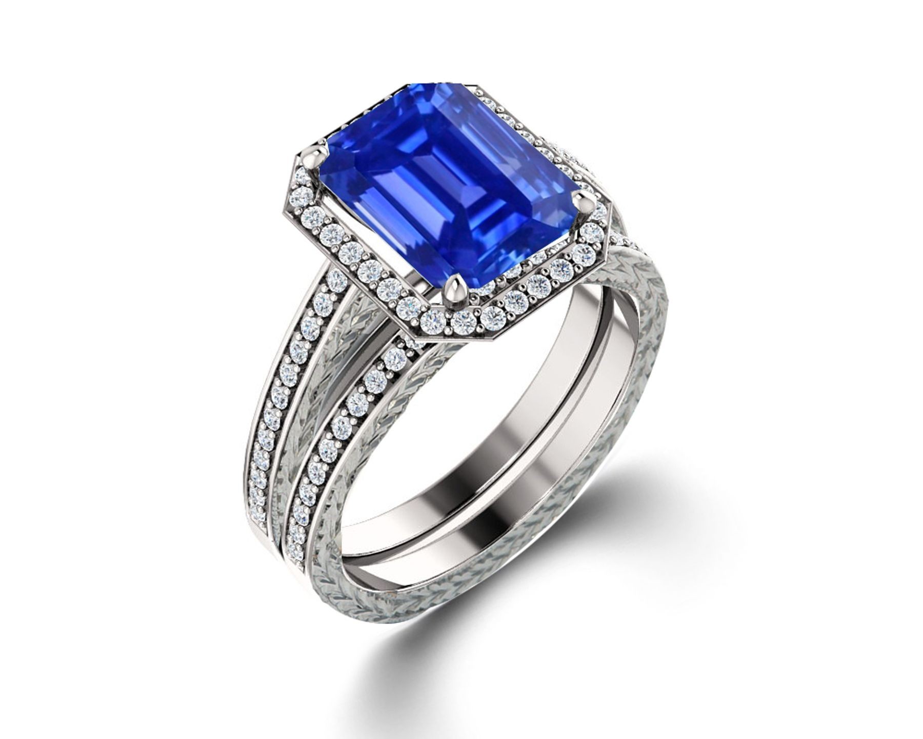 Delicate Micro Pave Halo Vivid Blue Sapphires & Brilliant-Cut Round Diamonds Designer Engagement Rings