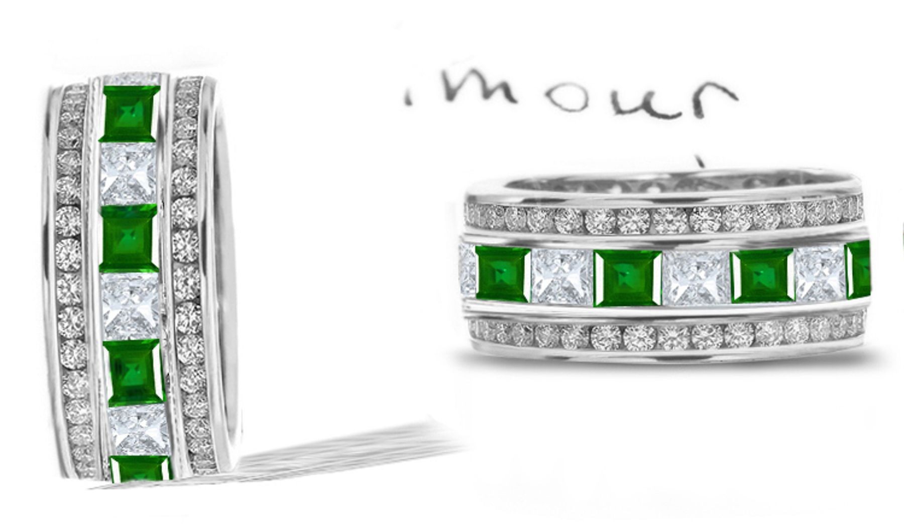 Prince & Princess: Princess Cut Emerald & Diamond Wedding 3 Gold Rings with Brilliant Green Emeralds