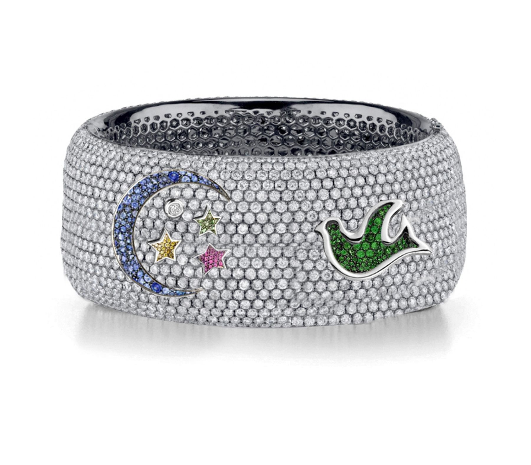 Delicate French pavee Sparkling Brilliant-Cut Round Diamonds & Vivid Multi-Colored Precious Stones Eternity Rings & Bands Featuring Bird, Moon & Stars