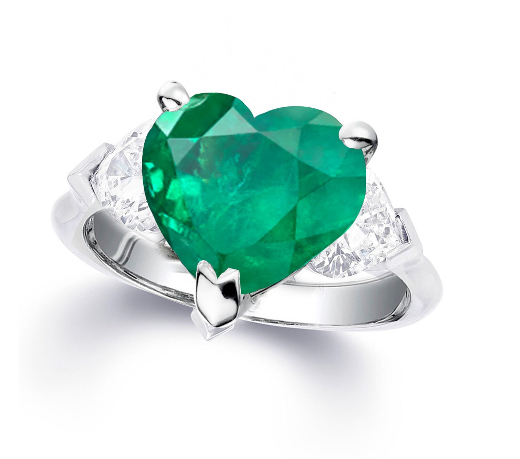 Three Stone Center Heart Diamond & Heart Emerald Ring