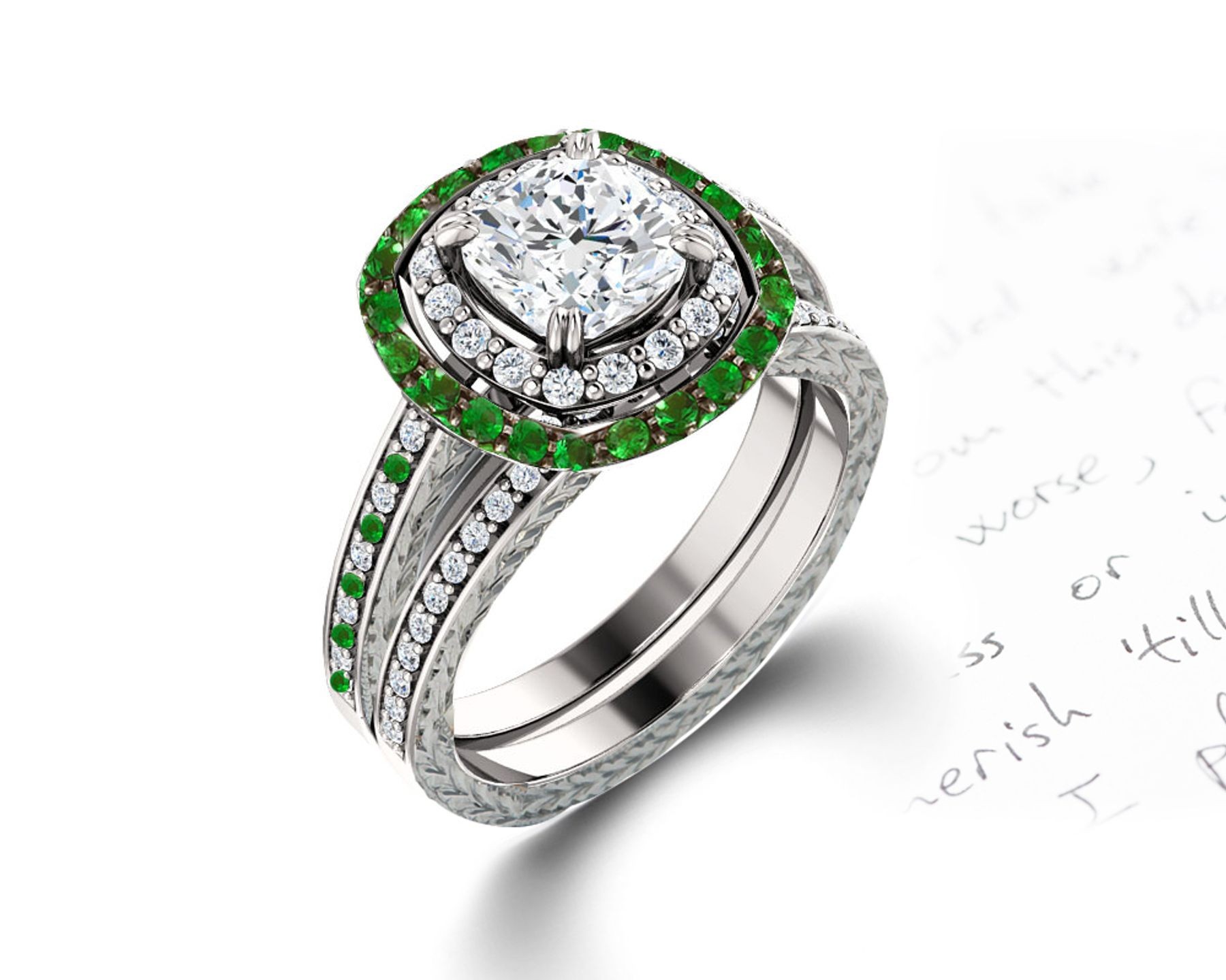 Latest Collection: Delicate Halo Micropave Side Accents Green Emeralds & Diamonds Engagement Rings