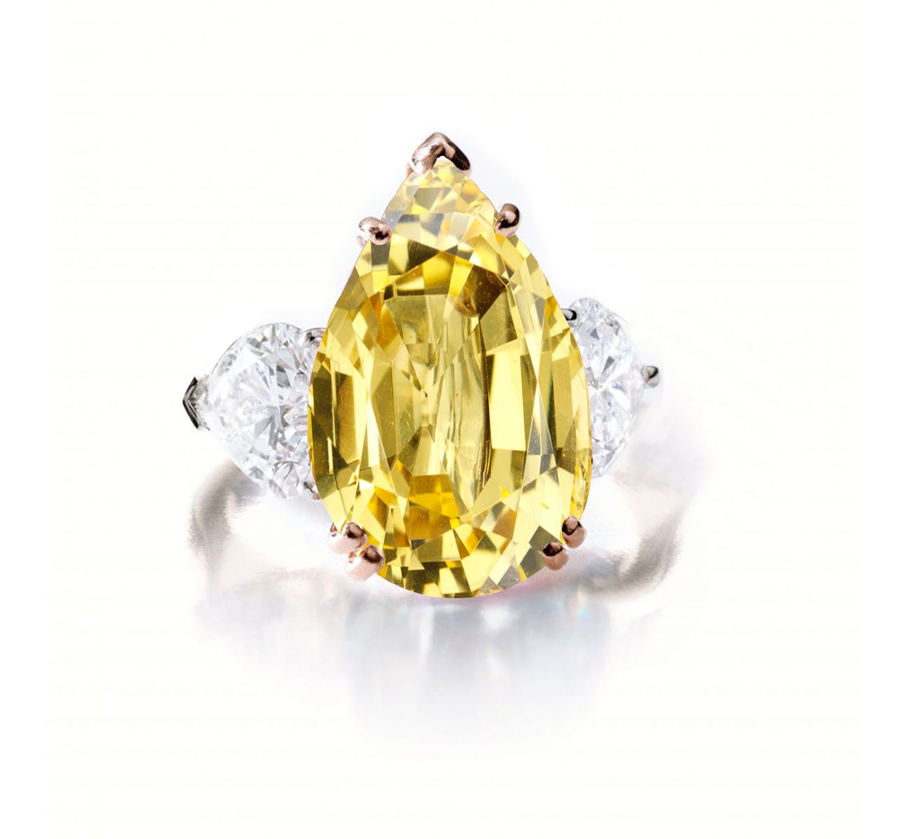 Custom Manufactured Three Stone Pear-Shaped Yellow Sapphire & Side Heart Diamonds Ring