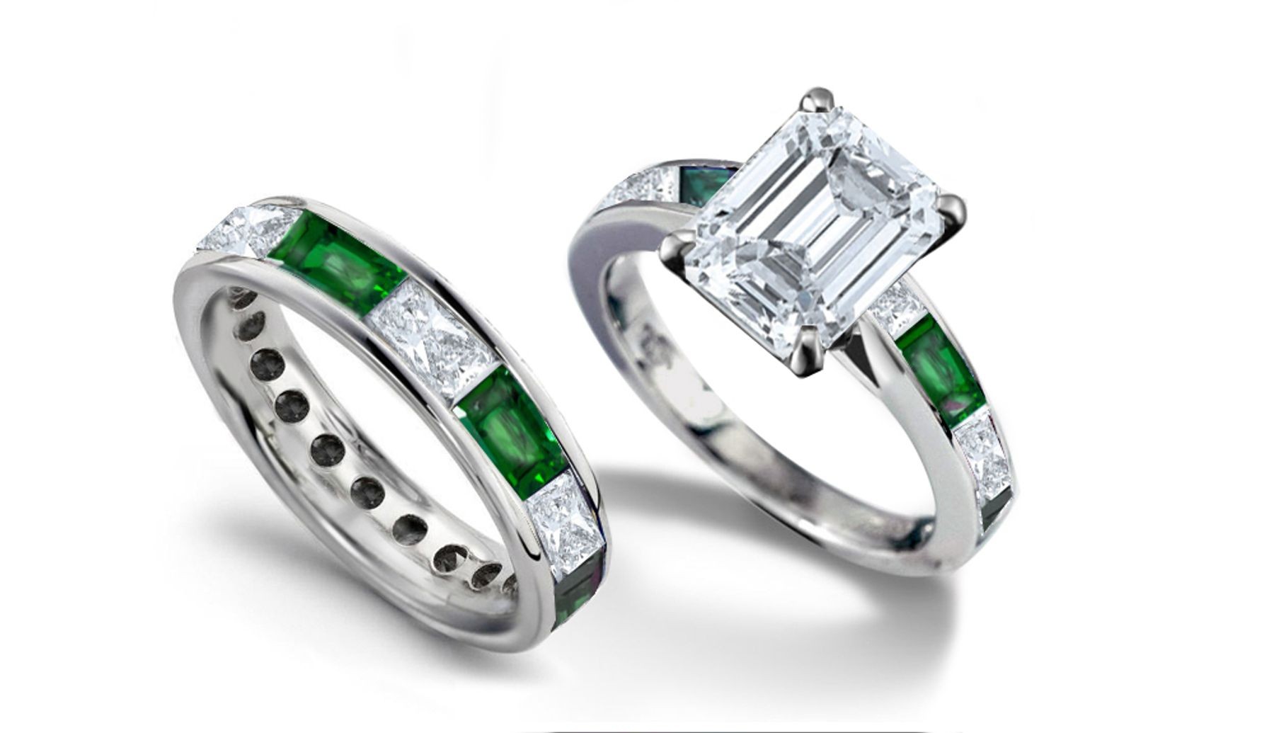 Emerald Cut Diamond & Baguette Emerald Ring & Matching Wedding Band