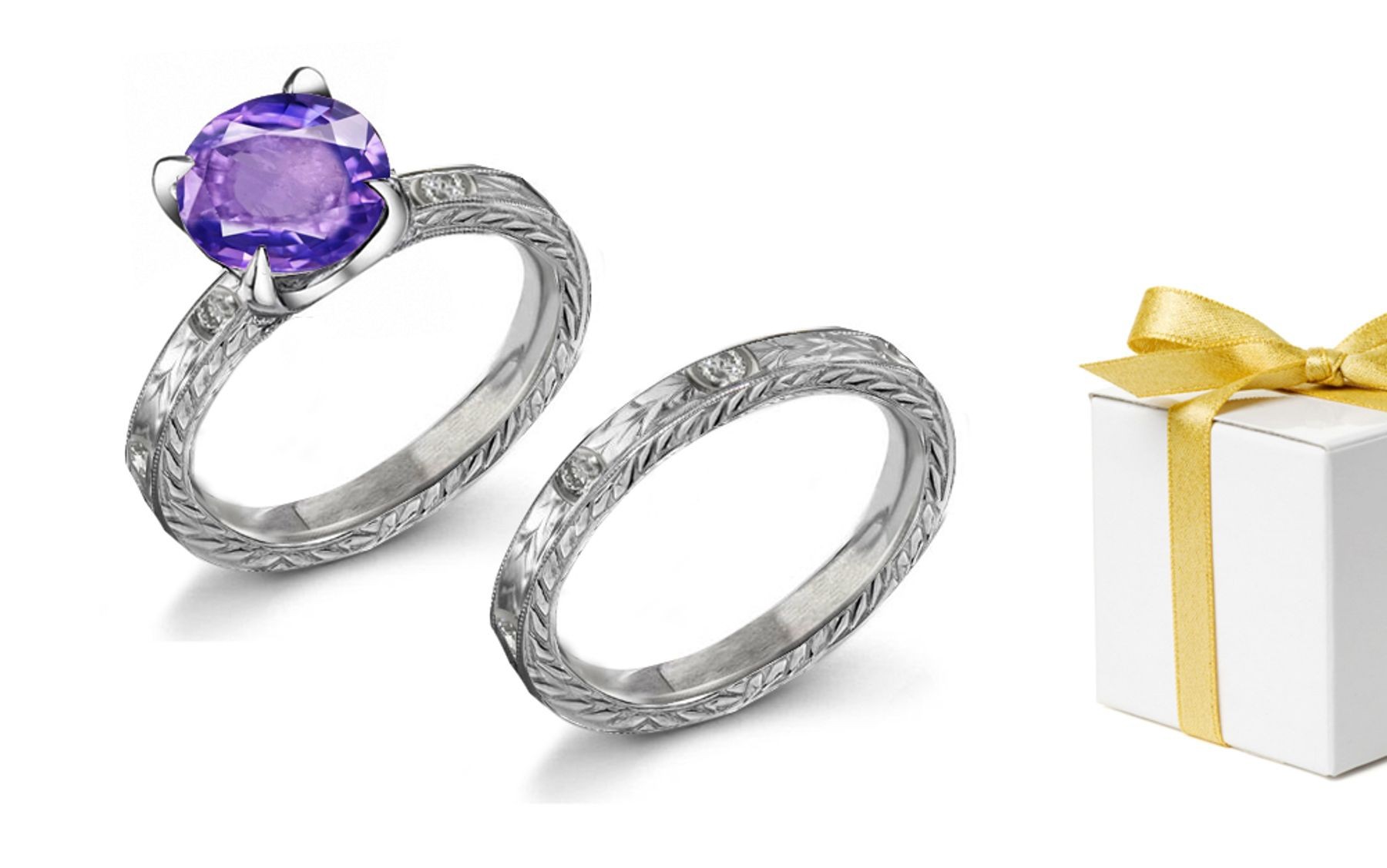 Unique: Engraved Purple Sapphire & Diamond Ring