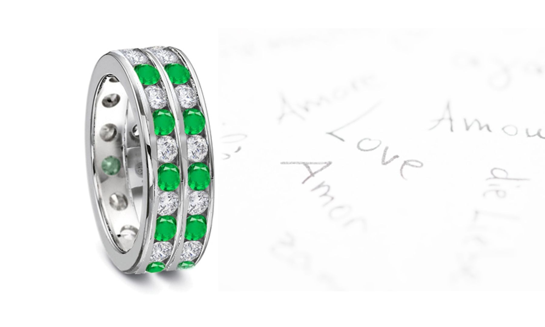Twinkler: Sparkling Two Rows of Round Diamond Emerald Eternity Rings